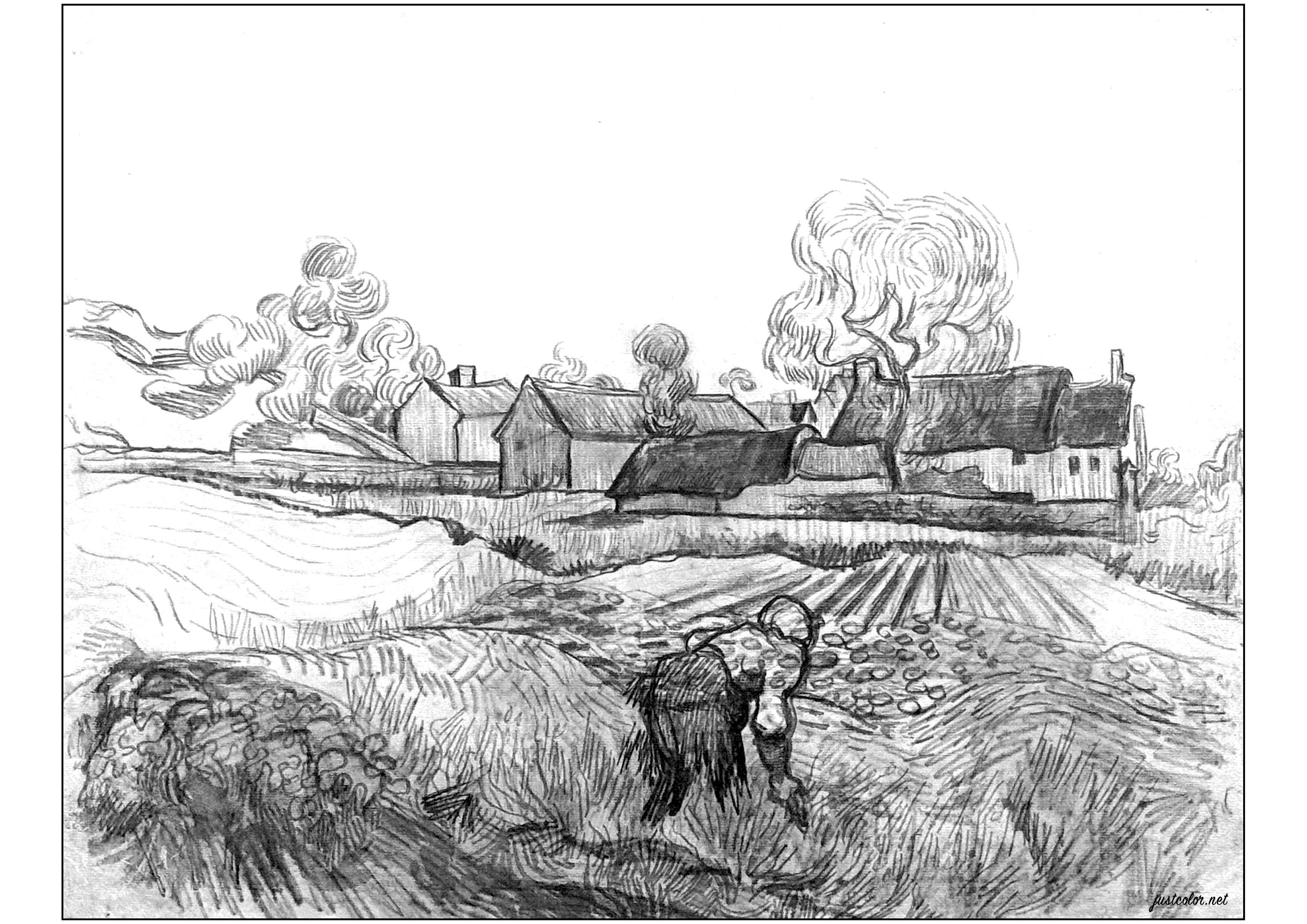 Farm of Père Éloi (Sketch by Vincent Van Gogh, 1890). Coloring based on an 1890 sketch by Vincent Van Gogh, painted in Auvers-sur-Oise at the end of his life, Artist : Art. Isabelle