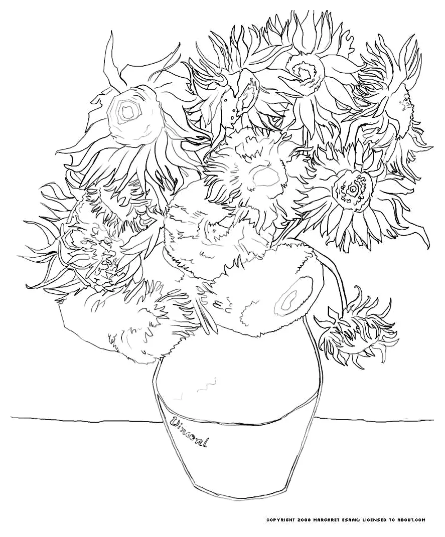 Vincent Van Gogh - Sunflowers (1887 - 1889) (Printable Masterpiece Coloring Page for adults)