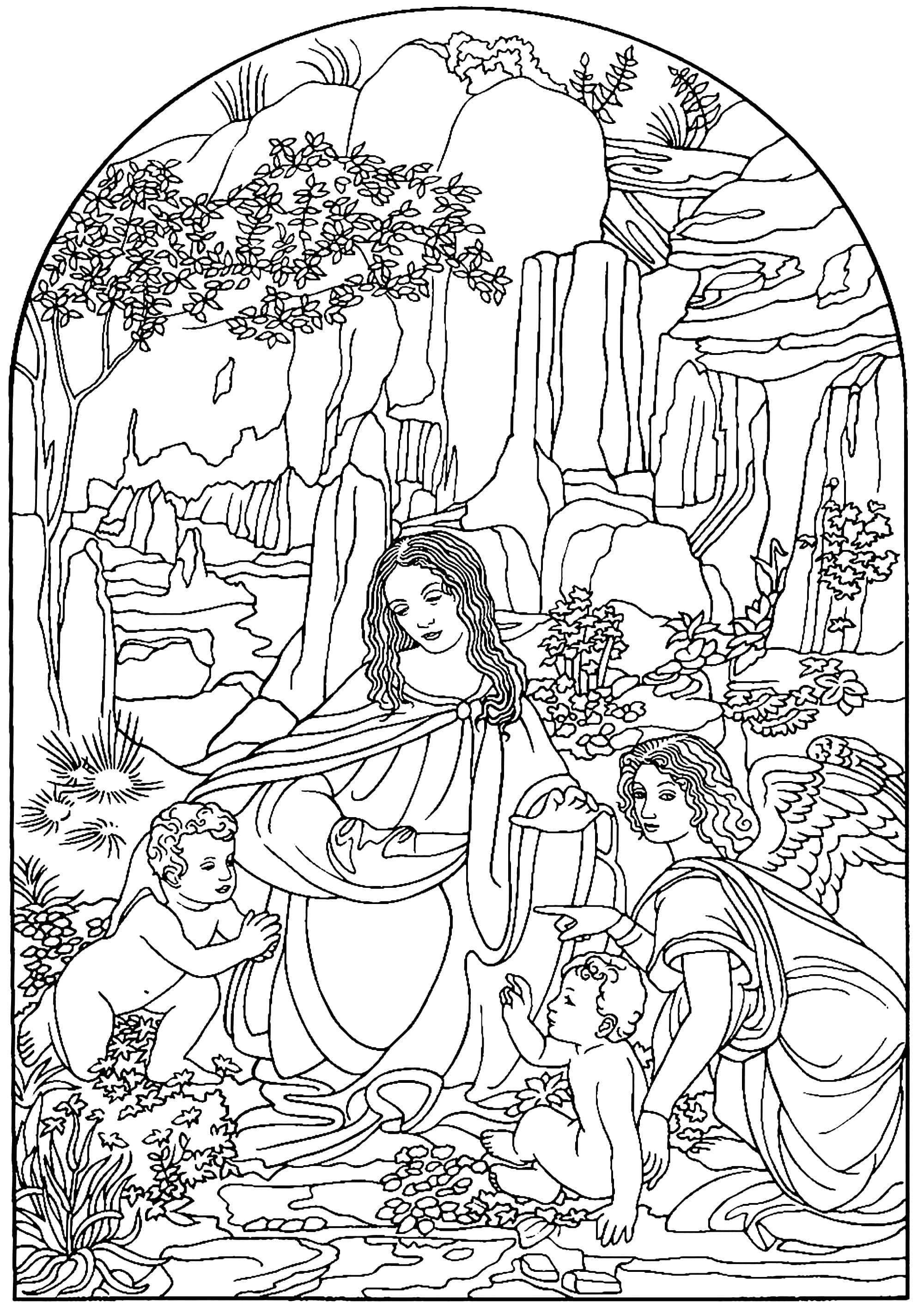 Coloring page created from Leonardo da Vinci's painting 'Virgin of the rocks' (1491) (National Gallery London version). This version is the second version finally accepted by the confraternity replacing the first rejected version now in the Louvre, Paris. Leonardo painted both in Milan, where he had moved from Florence.
