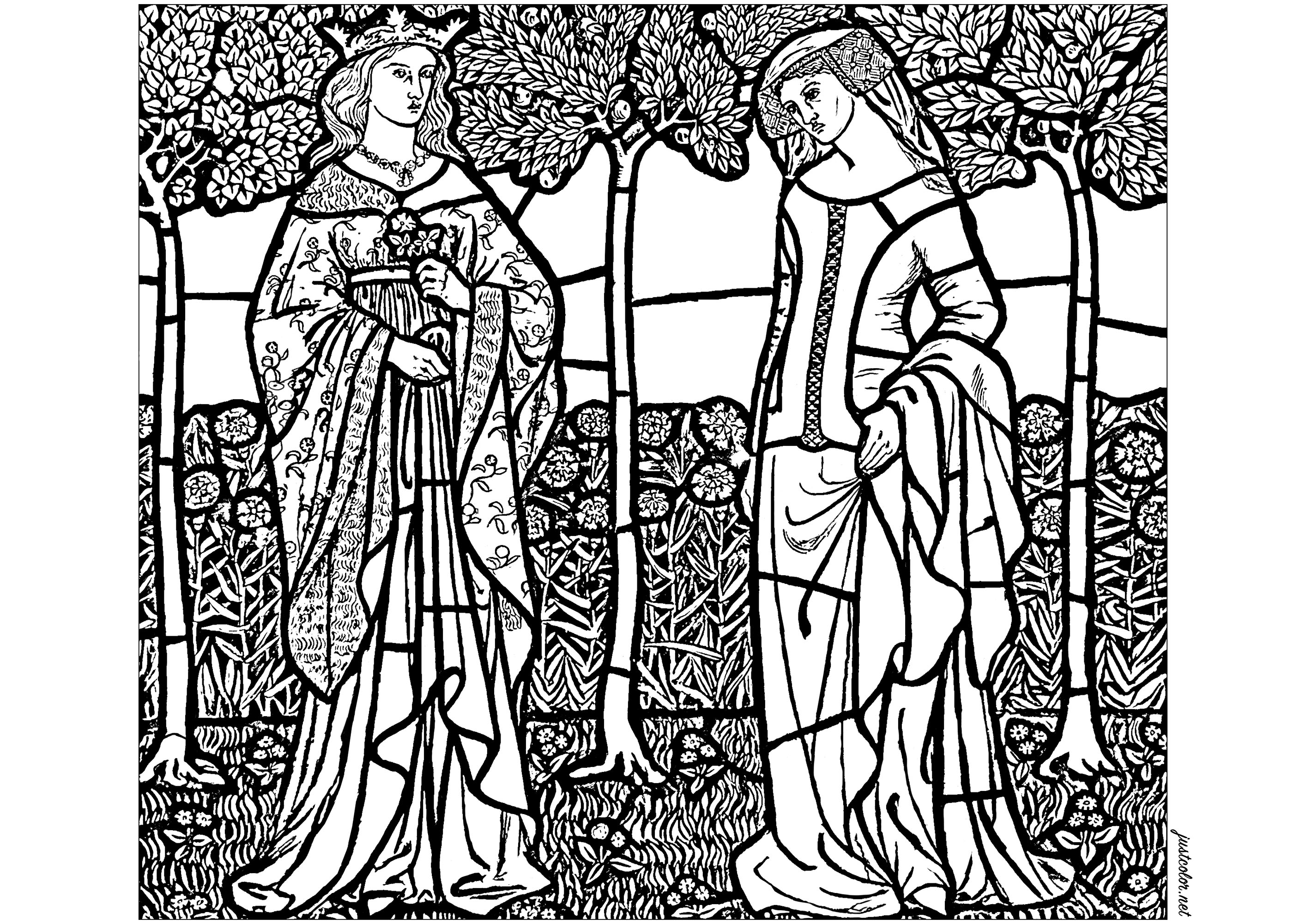 Coloring page created from a preparatory drawing by William Morris for a stained glass window depicting Guenièvre and Iseult (1858)