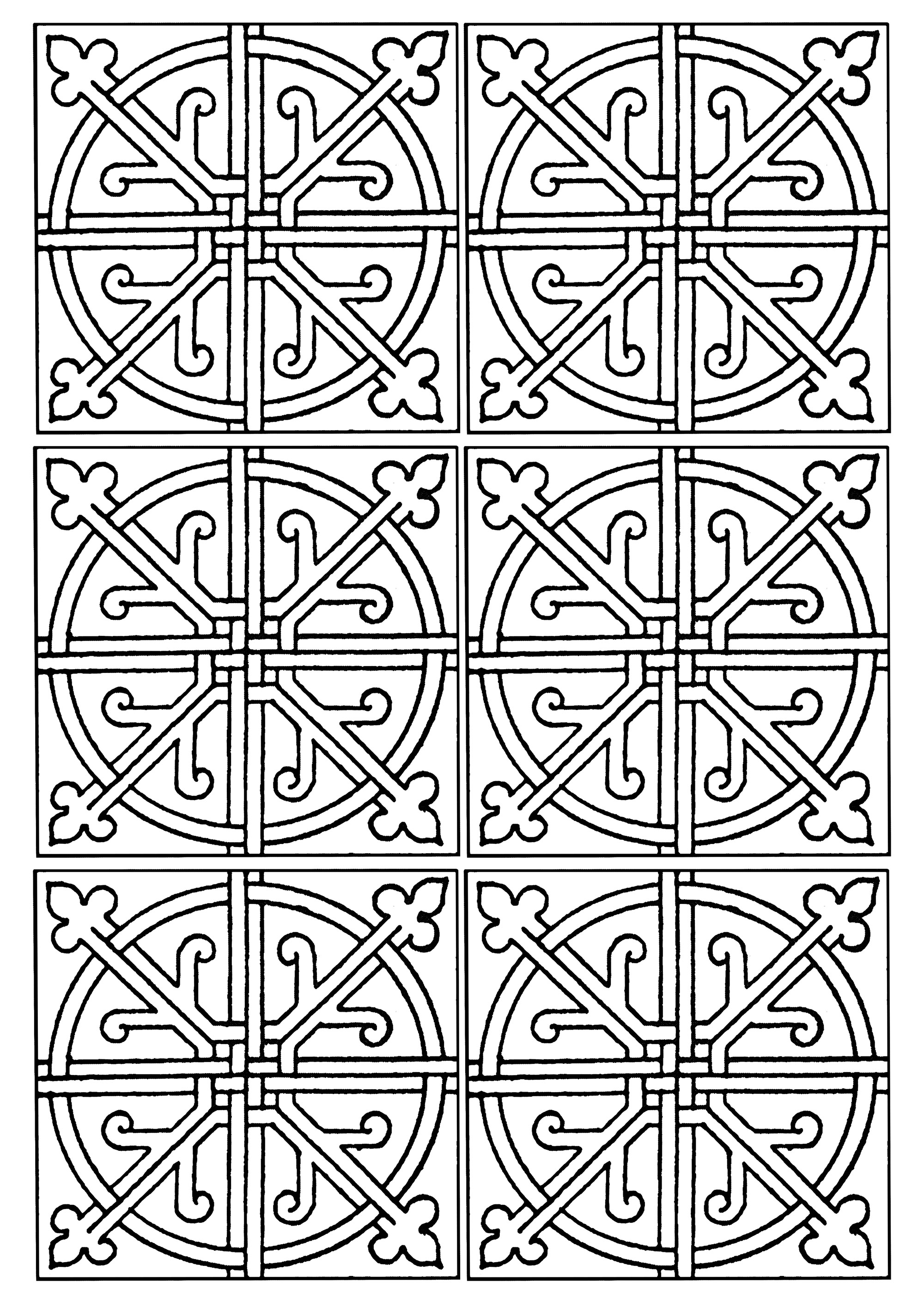 A series of 6 azulejos. 6 azulejos in simple shapes. It's up to you to color them, either identically or with different colors.