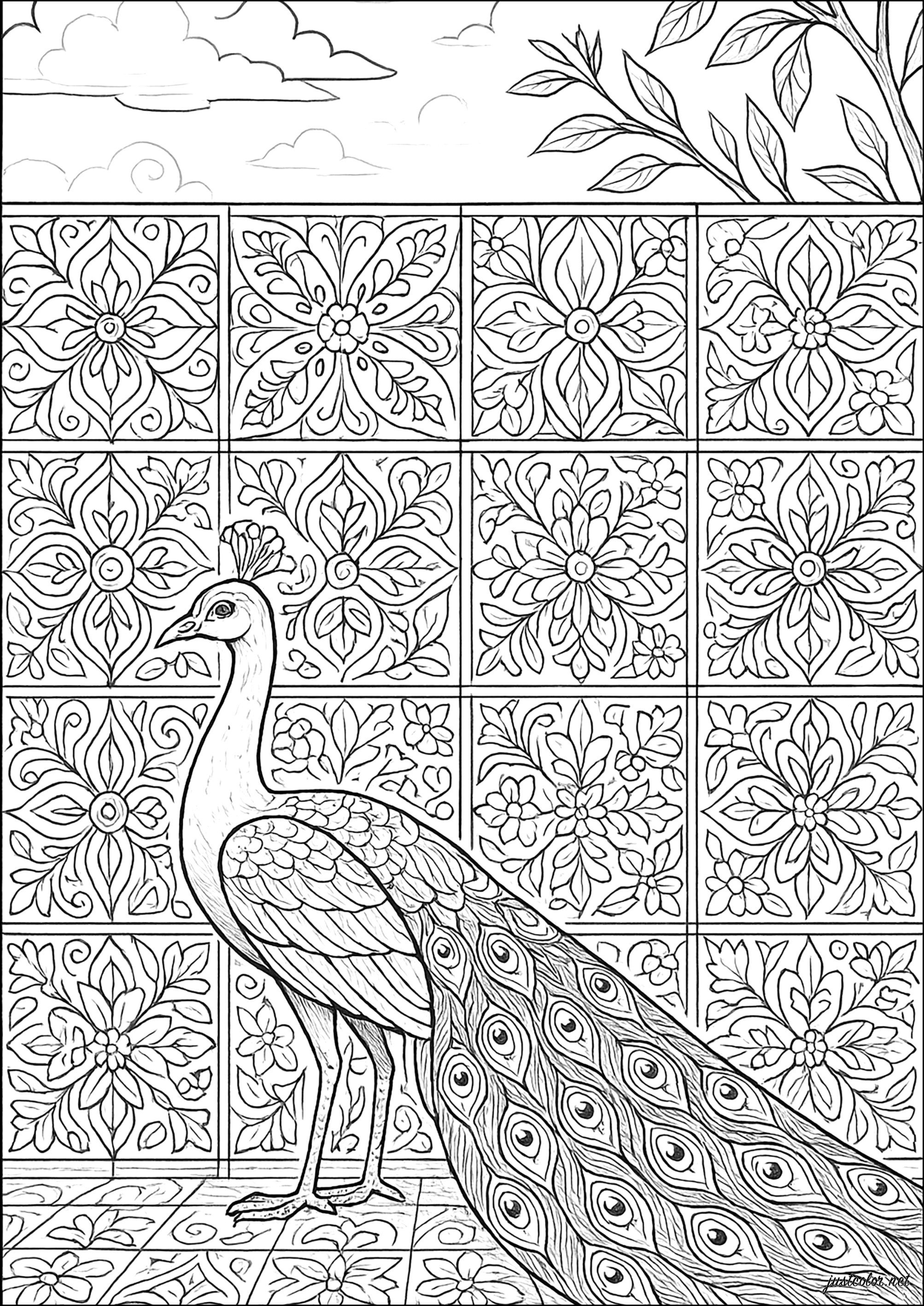 Majestic peacock among Azulejos (Printable Coloring Page for adults)