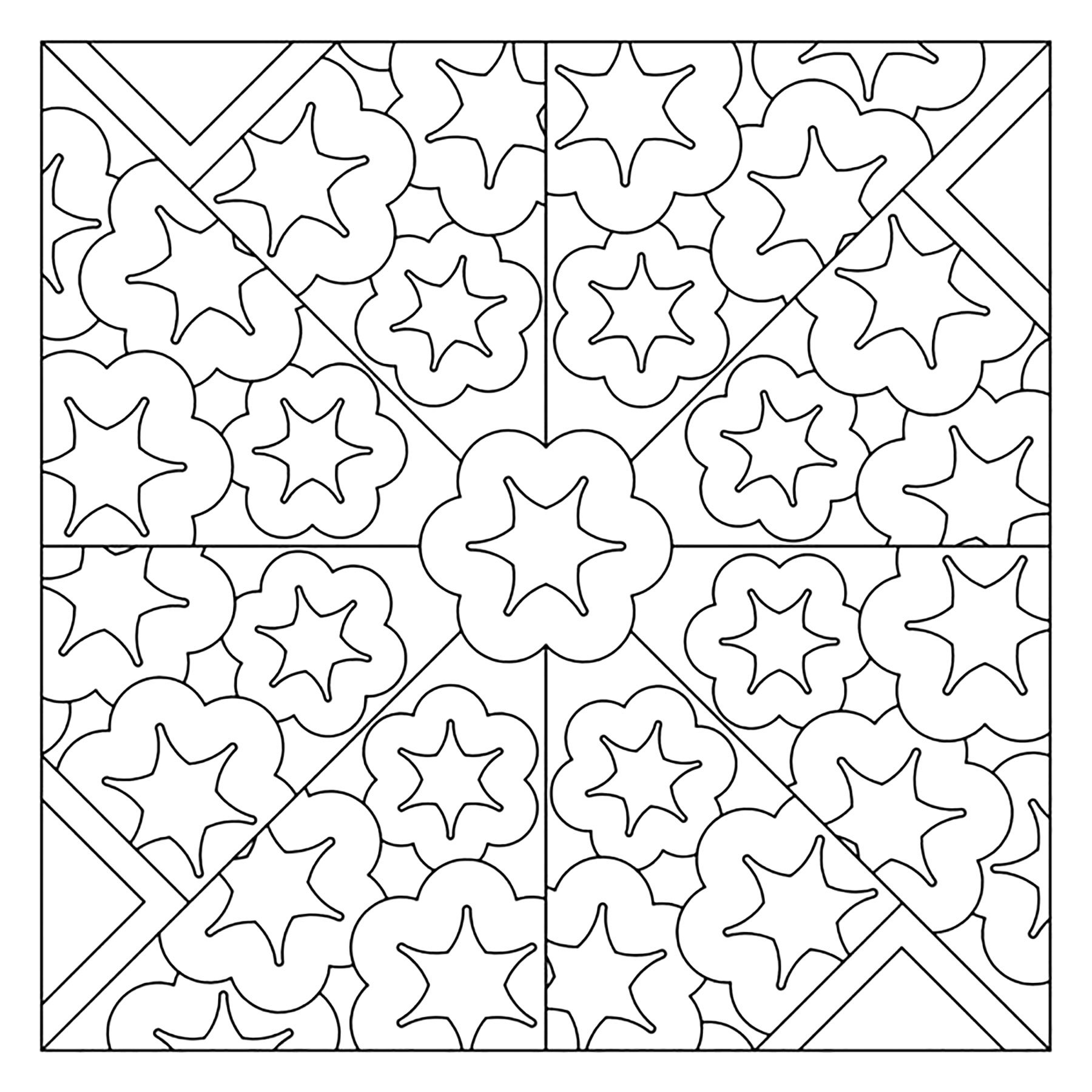 Pretty Azulejo with Starry Flower patterns. A very simple Azulejo, but with many elements to color