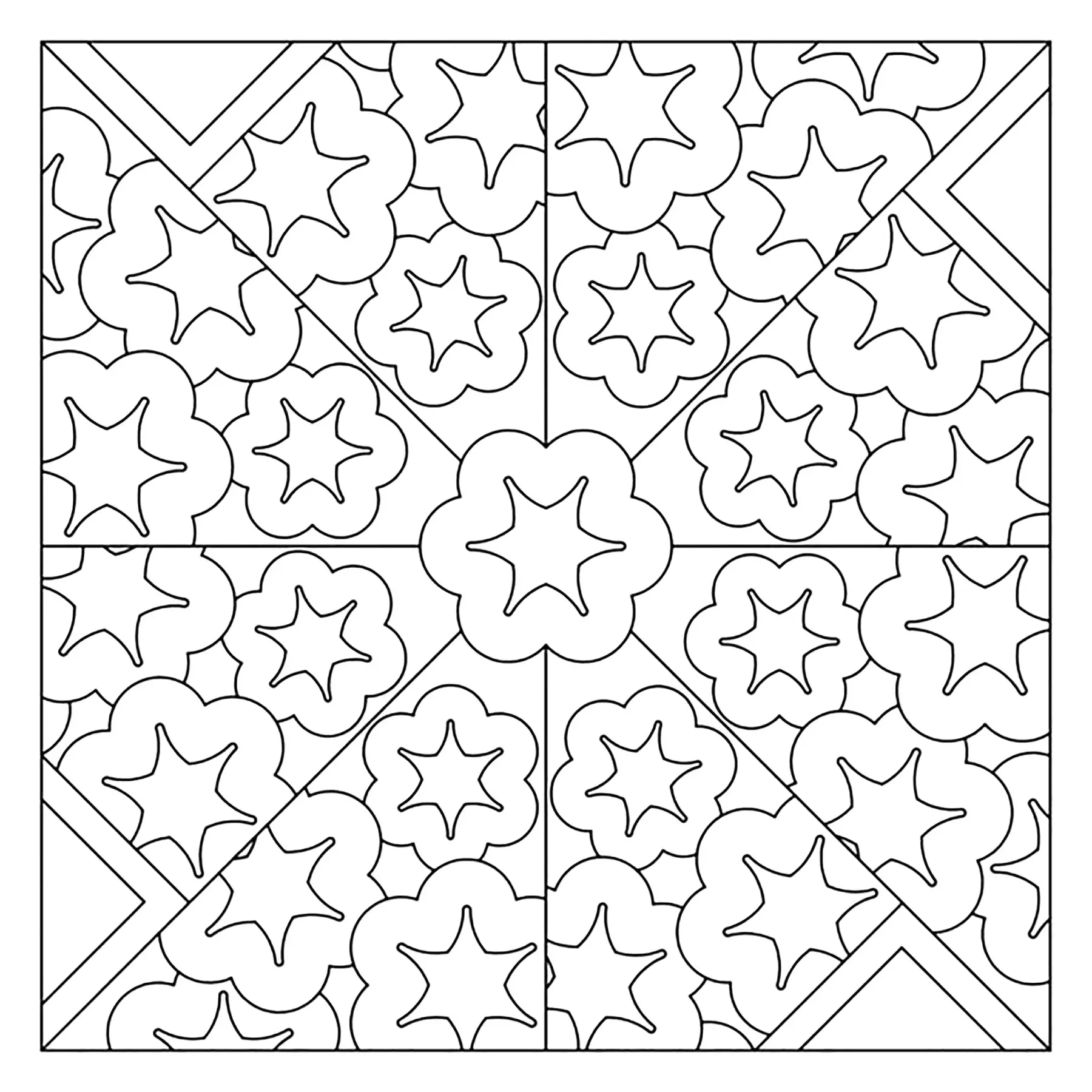 Pretty Azulejo with Starry Flower patterns (Printable Coloring Page for adults)