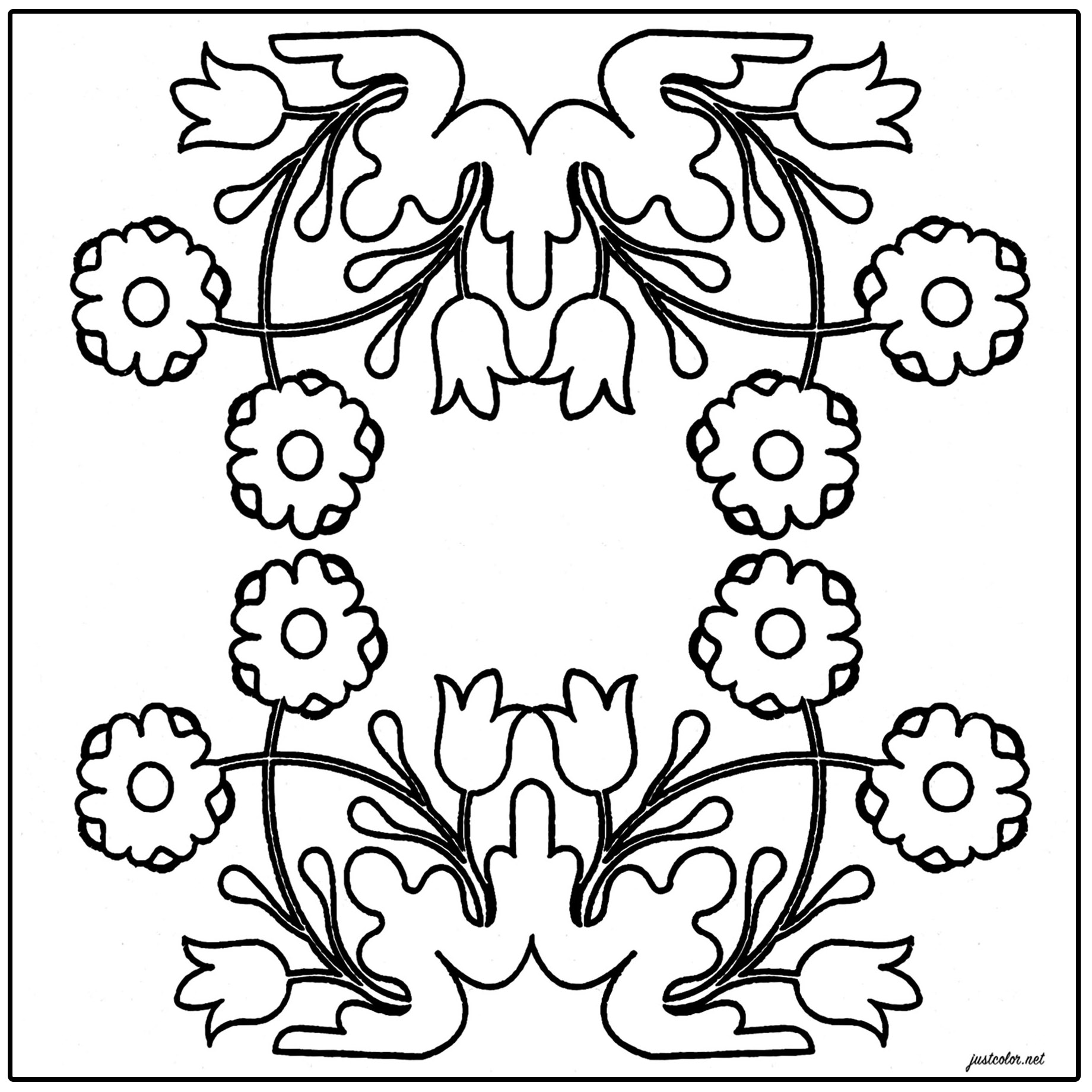 Simple azulejo with a few flowers. Beautiful flowers, including small tulips, to color in this simple azulejo.