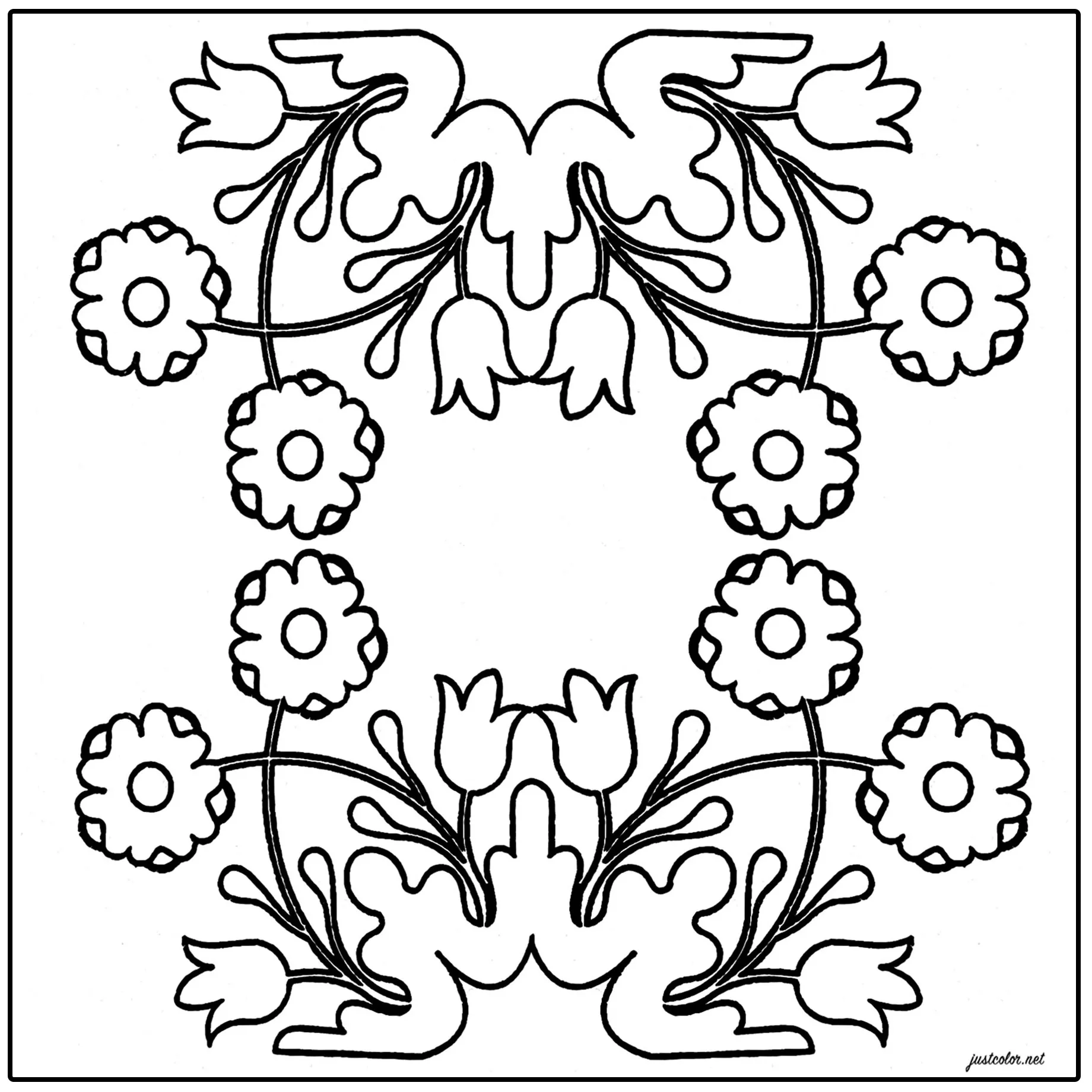 Simple azulejo with a few flowers (Printable Coloring Page for adults)