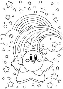 Kirby on a star in the sky with clouds and rainbow