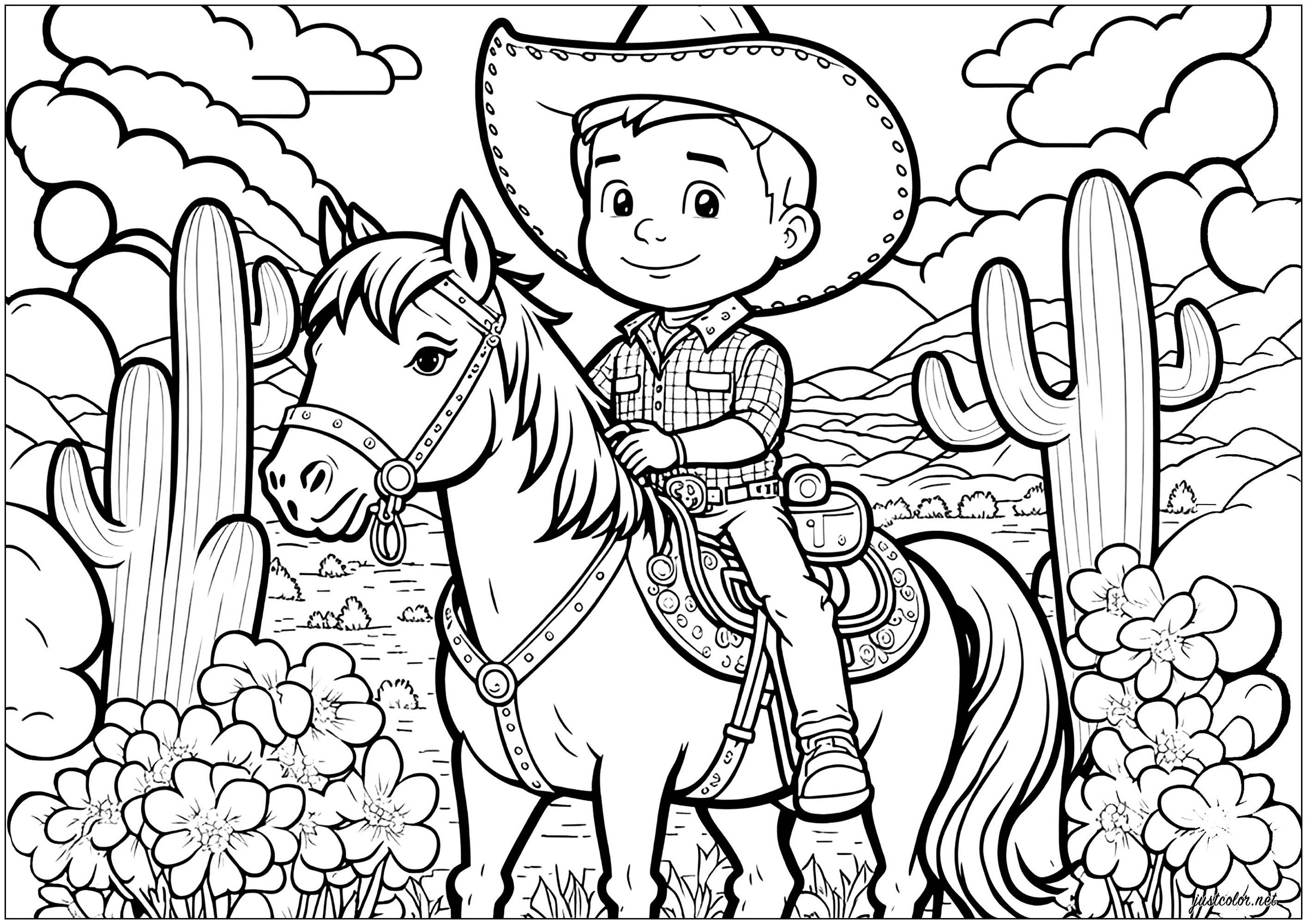 Color this Cowboy on his horse, with a background inspired by Westerns and Far West !. An assumed Cartoon-style coloring page, use your brightest and brightest colors !