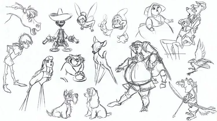 Sketches of various Disney characters (2) (Printable Return to childhood Coloring Page for adults)
