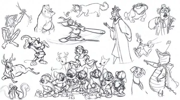 Sketches of various Disney characters (1) (Printable Images tagged "mickey-mouse" Coloring Page for adults)