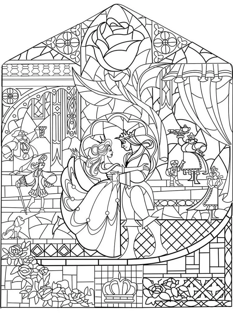 Prince and Princess in a coloring page combining Art Nouveau and the Disney world (Return to childhood)