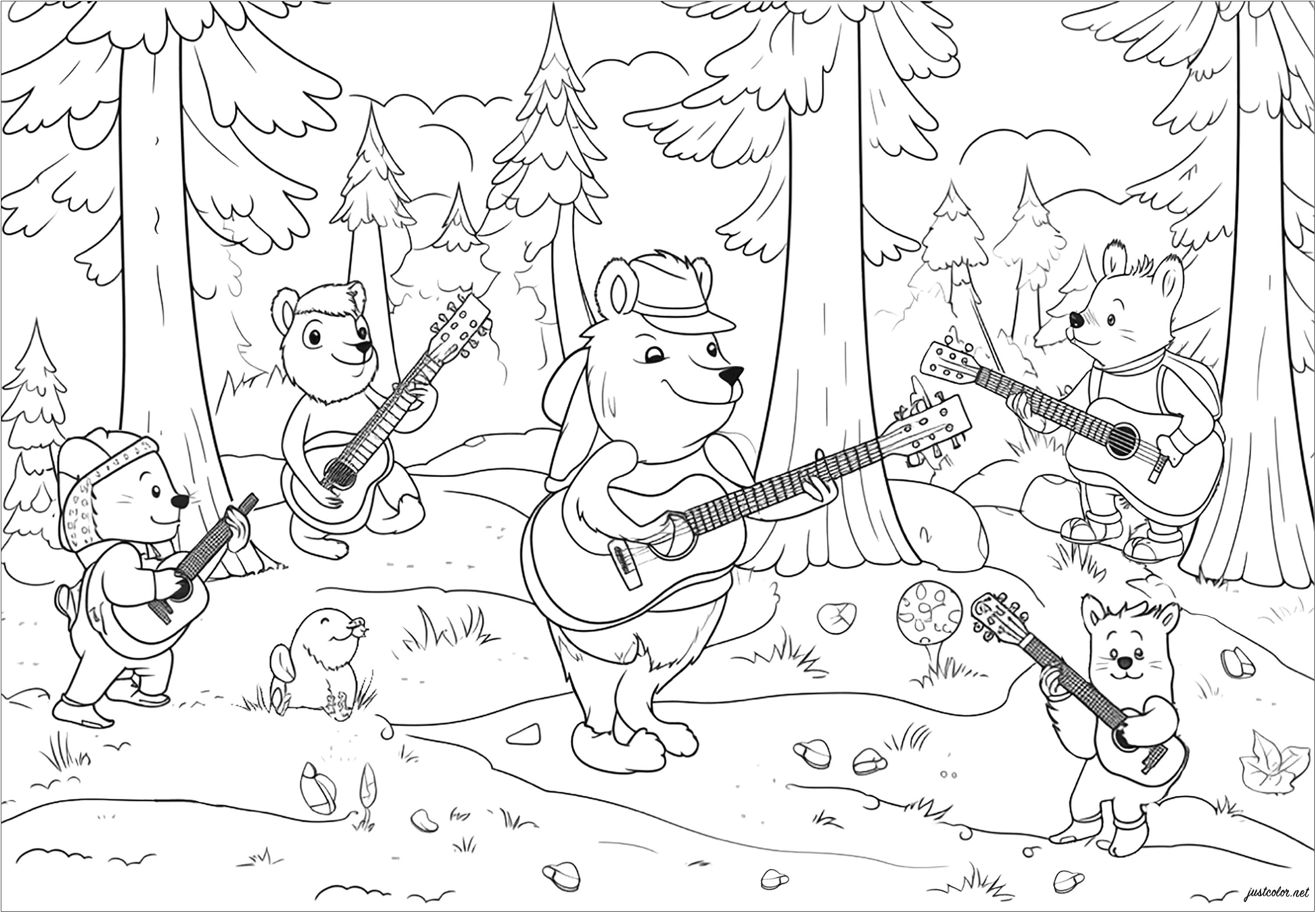 This coloring page is childlike but full of detail, with bears singing in a lovely forest. This coloring page is a real invitation to imagination and creativity. It also encourages us to open up to nature and respect its flora and fauna.