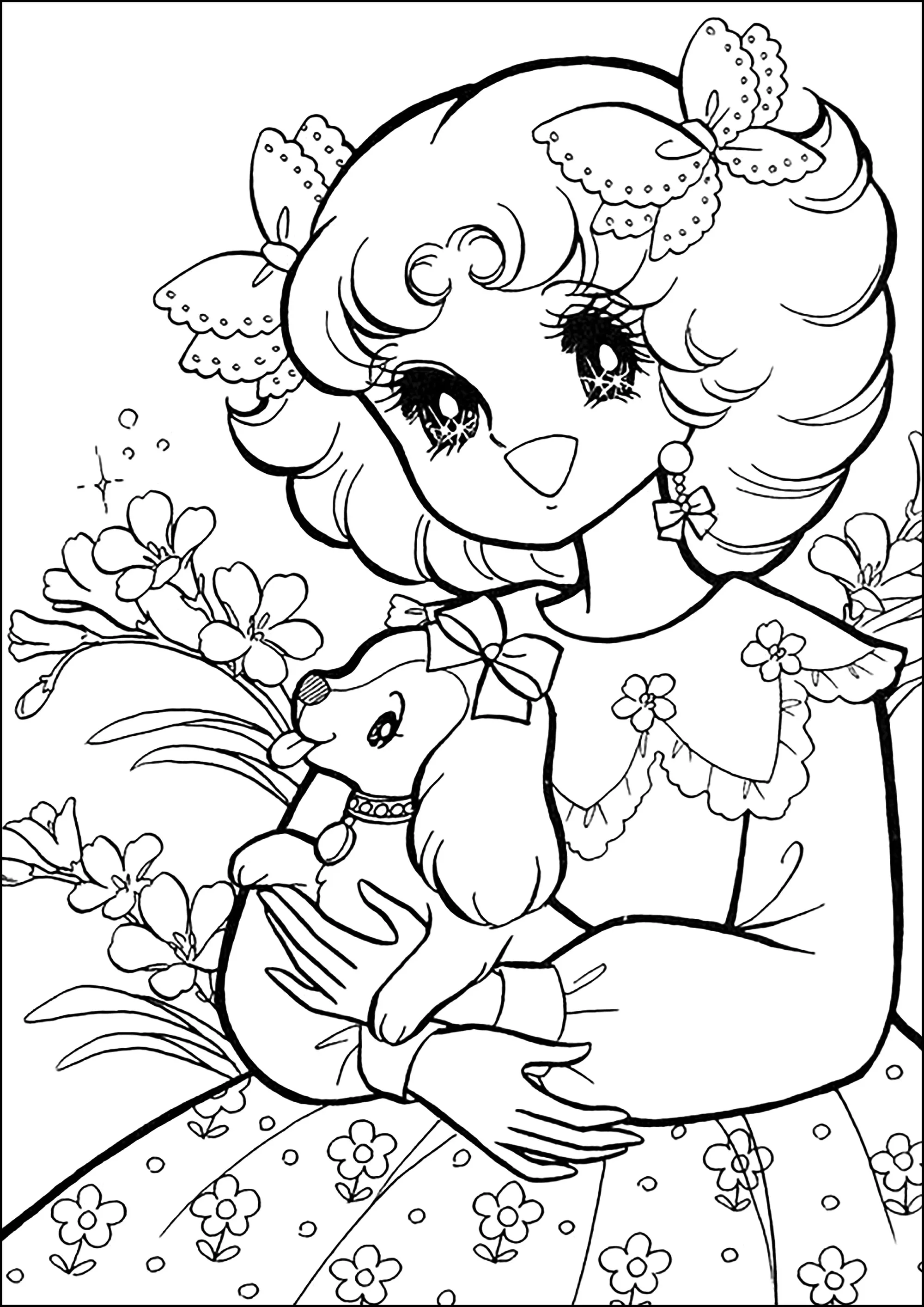 Candy and her dog (Printable Return to childhood Coloring Page for adults)