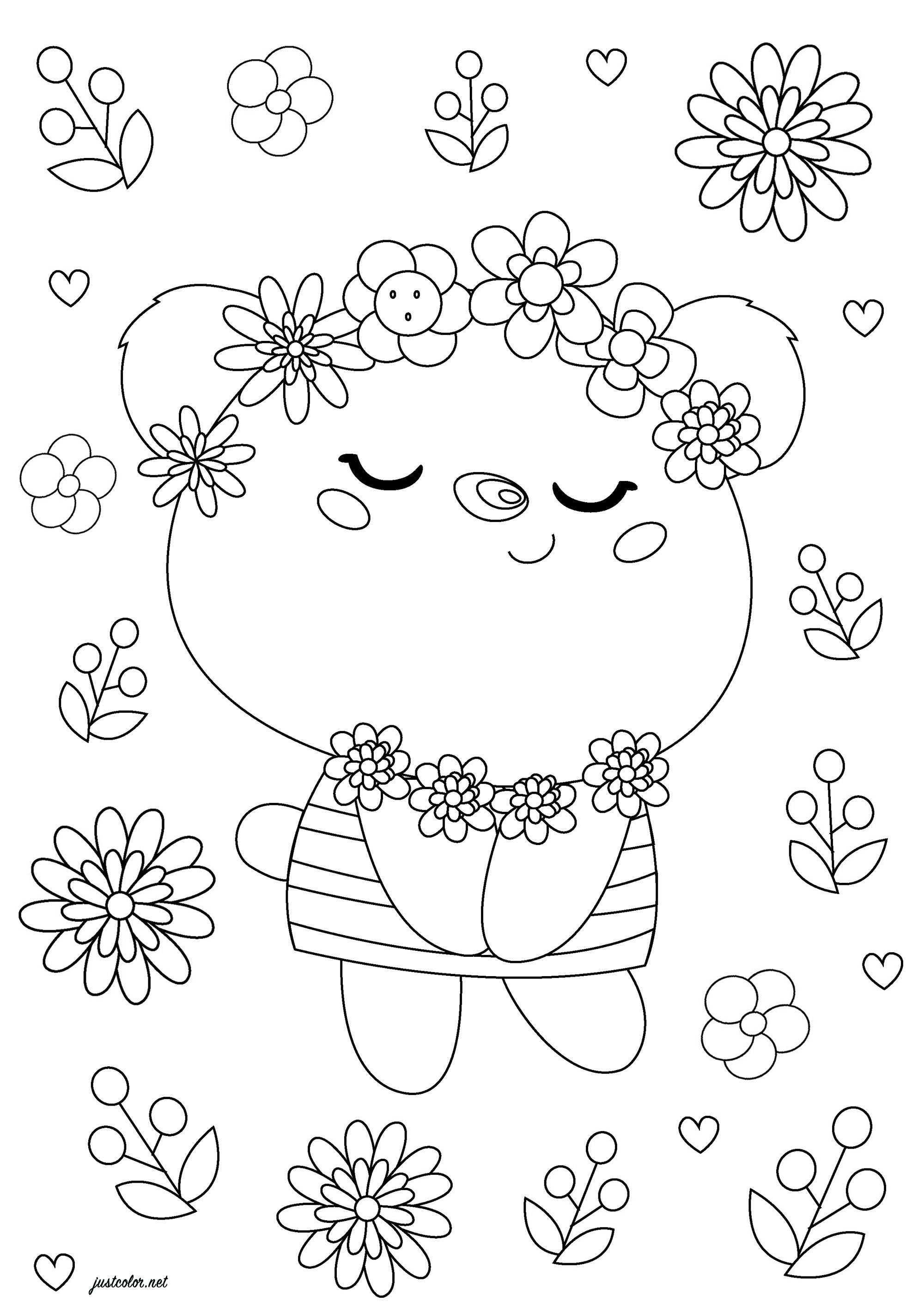 A pretty little shy bear. It is surrounded by flowers, it misses only some colors...
