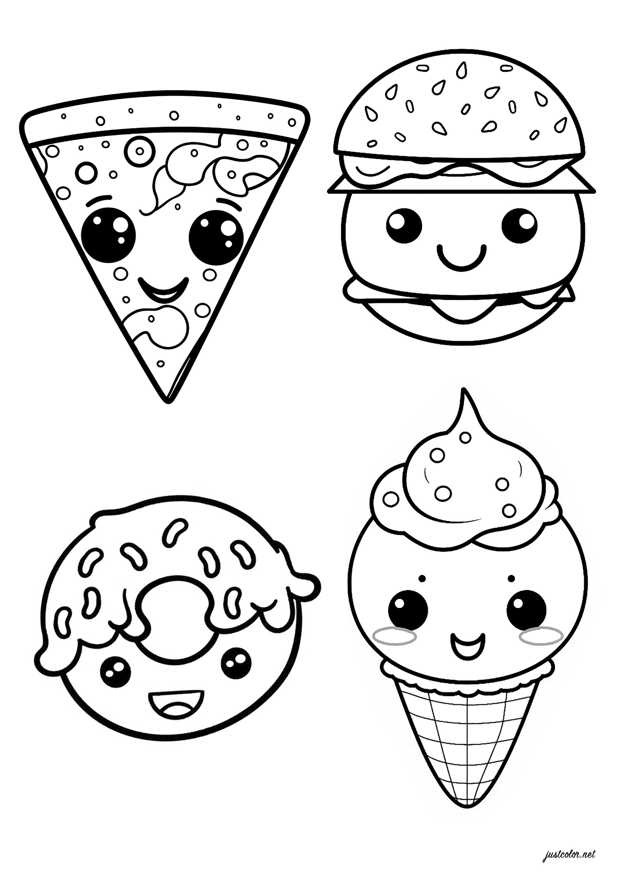 Color this adorable slice of pizza, this burger, this donut and this ice cream!. It's not a very balanced meal, but it's sure to be a lot of fun to color!