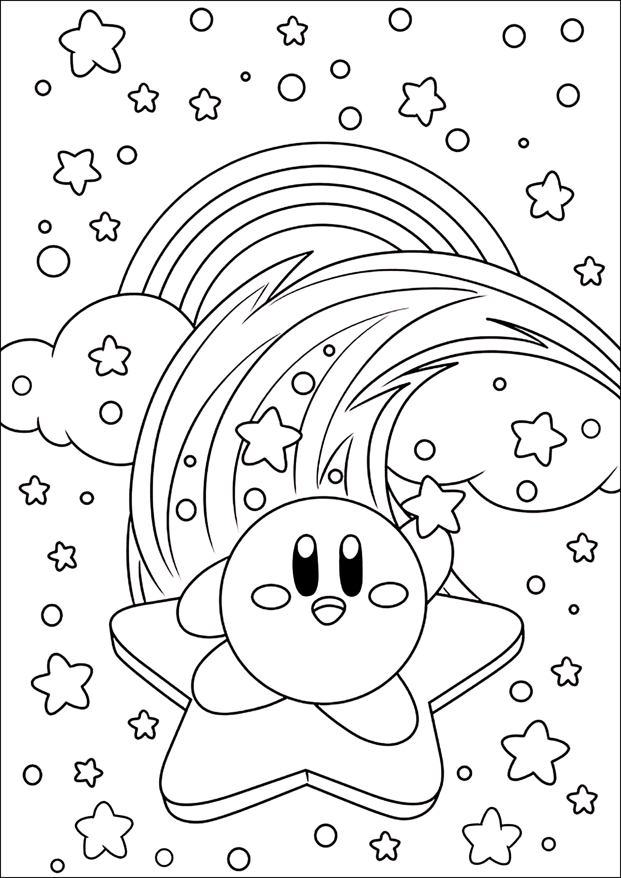 Kirby on a star in the sky with clouds and rainbow. Kirby (カービィ, Kābī, pronounced in Japanese: [kaːbiː]) is a video game character, created by Masahiro Sakurai for the Nintendo company. It's a little pink ball from the planet Popstar that sucks in its enemies to 'copy' their powers.