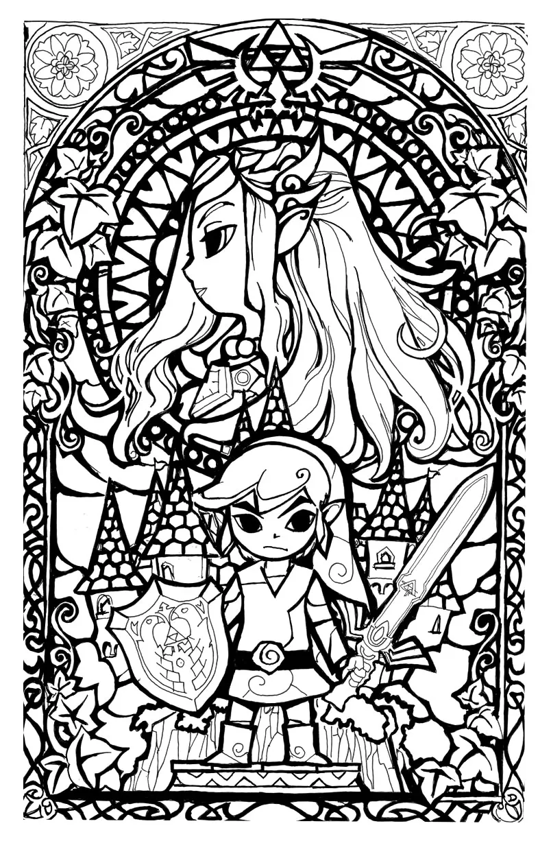 Legend of zelda stainglass style (Printable Return to childhood Coloring Page for adults)