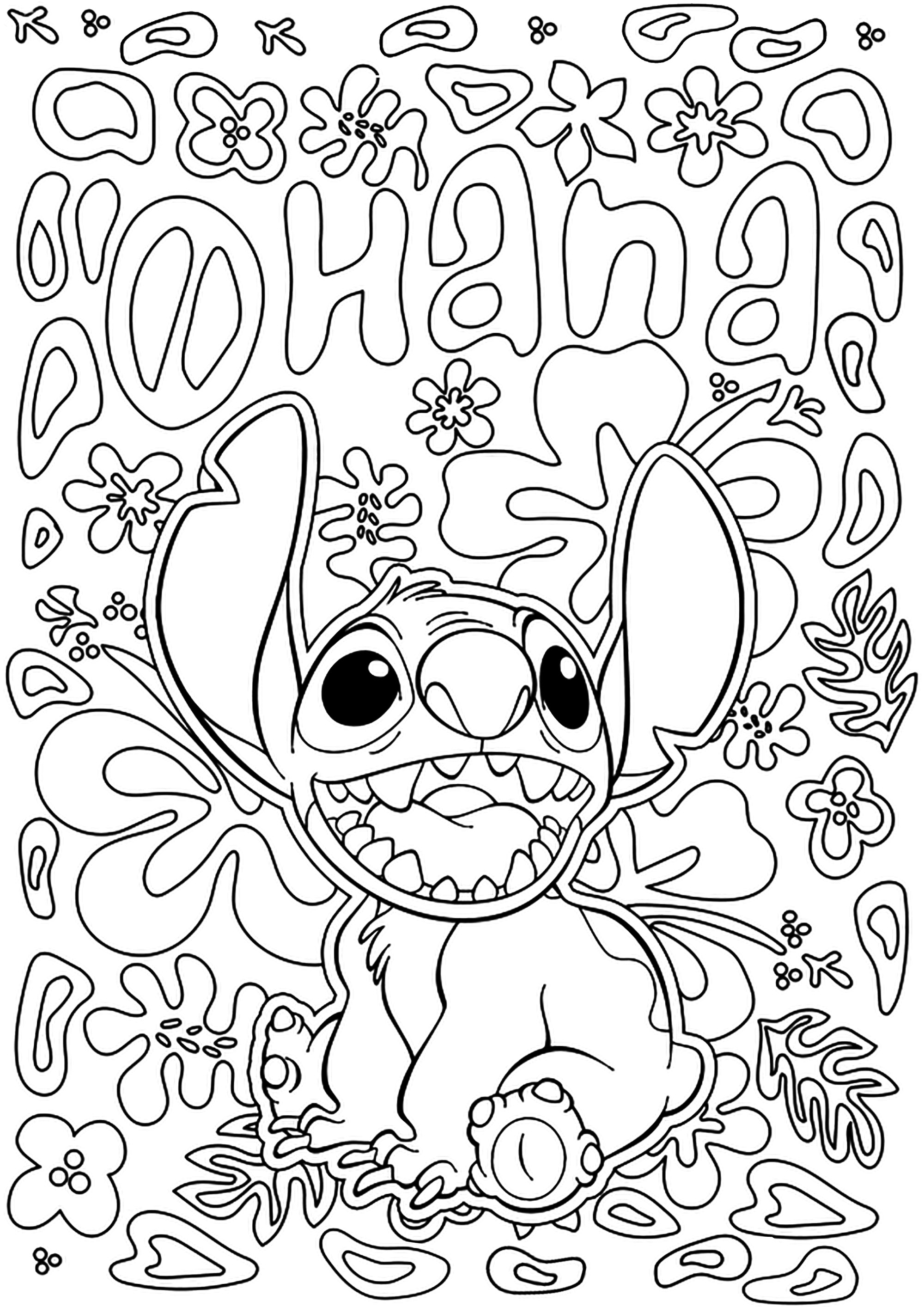 Stitch coloring page with the text 'Ohana' (from Disney animated movie Lilo and Stitch). Ohana is a Hawaiian term that translates as 'family', whether by adoption, blood or intention.