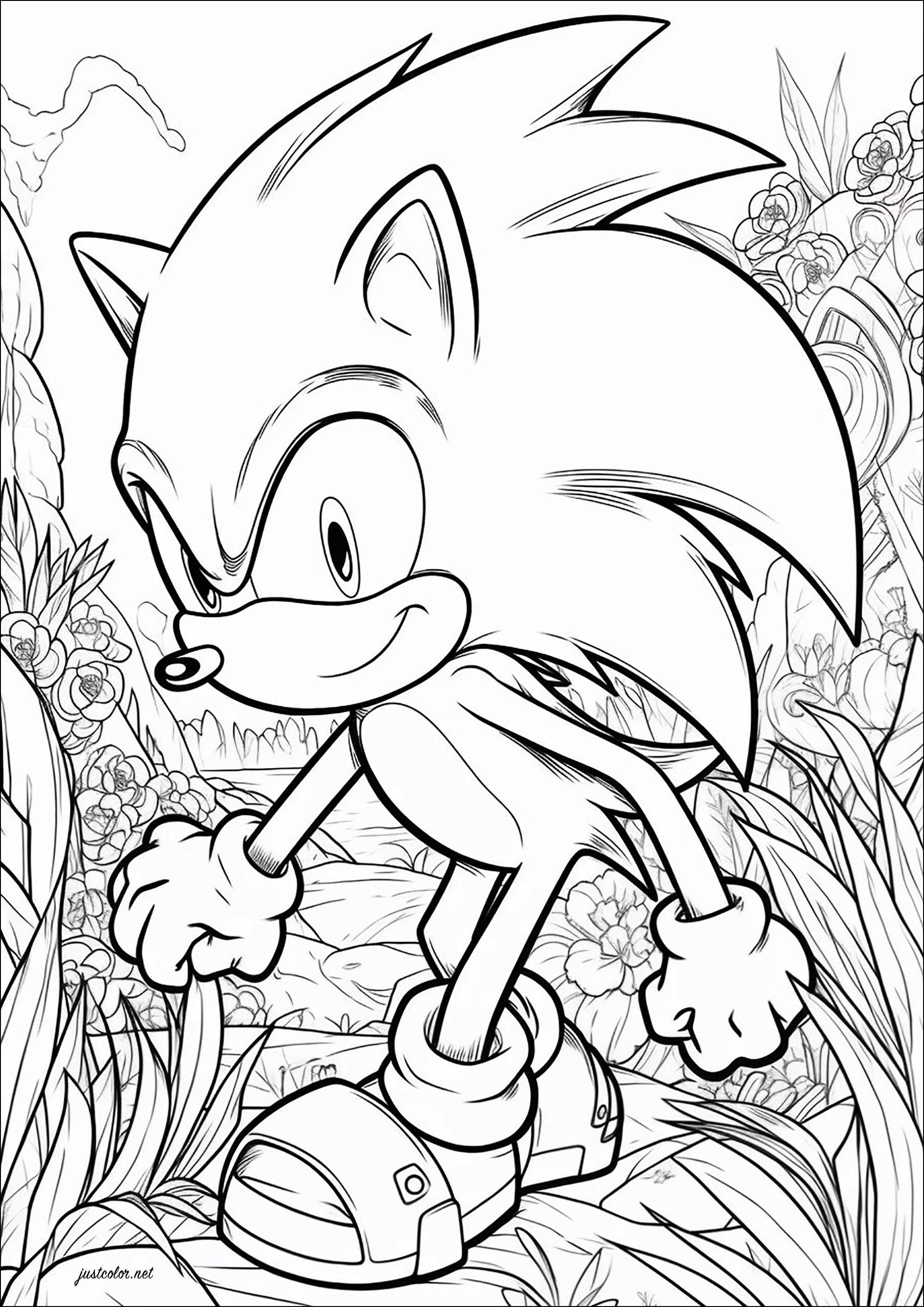 Sonic the Hedgehog and flowery background (Printable Return to childhood Coloring Page for adults)