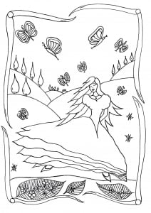 Elegant Princess with butterflies around her (Return to childhood Coloring Page)