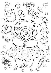 Pretty Hippopotamus surrounded by sweets (Return to childhood Coloring Page)
