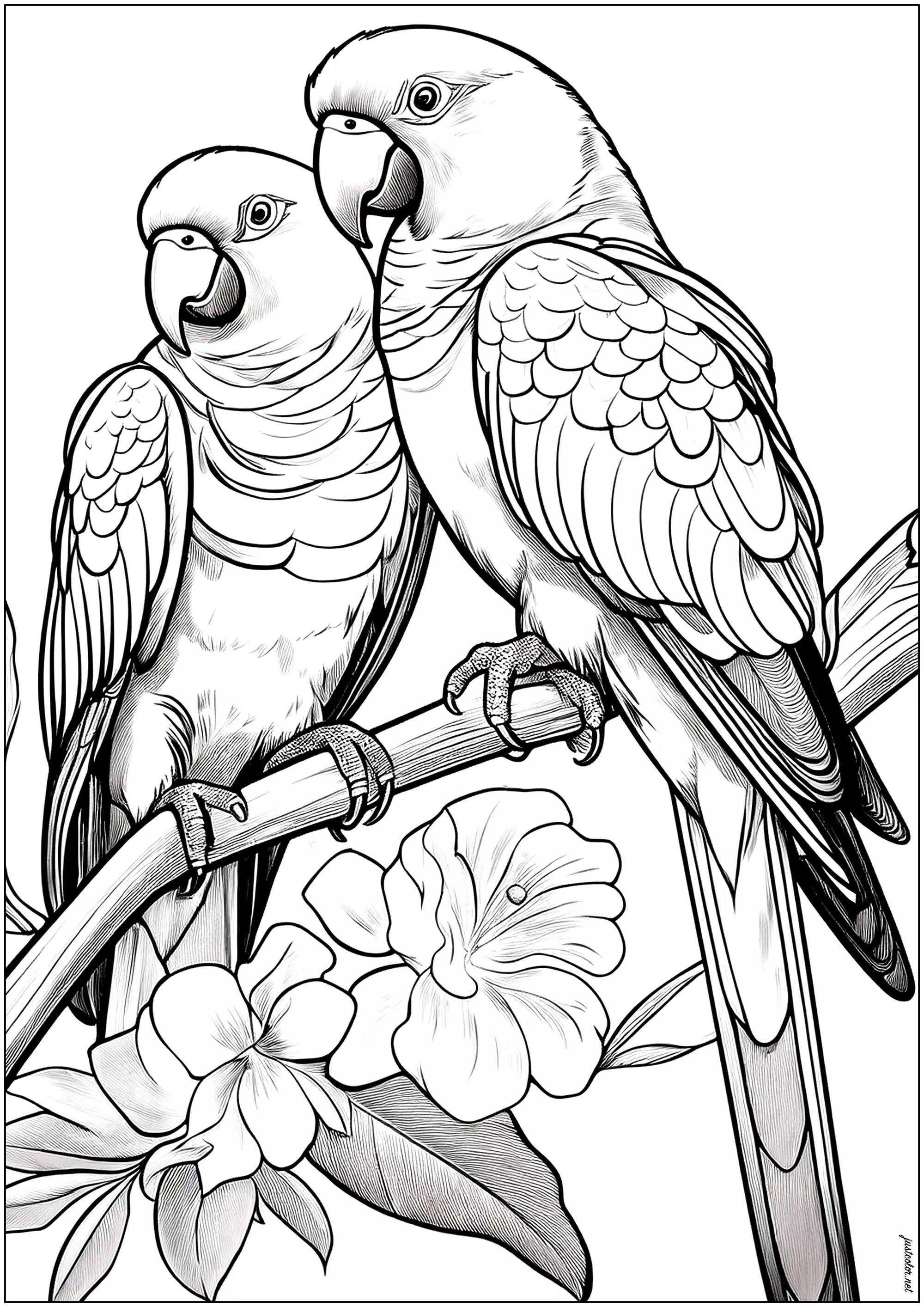 Two parrots (Printable Bird Coloring Page for adults)