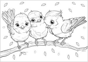 Three little birds on a thin branch, with falling leaves