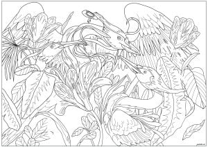 Exotic birds in the wild. Immerse yourself in this refined coloring page inspired by the elegance of Art Nouveau. A delicate scene where exotic birds move harmoniously amid a lush backdrop of tropical flowers and stylized foliage. Perfect for a relaxing artistic break! Exotic birds in the wild