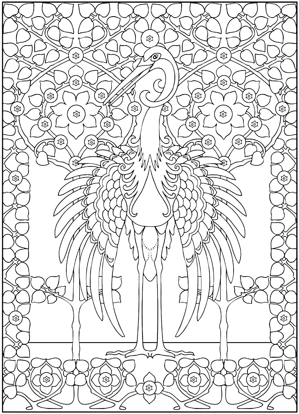 Coloring picture of a majestic héron, with a frame reminding Art Nouveau style