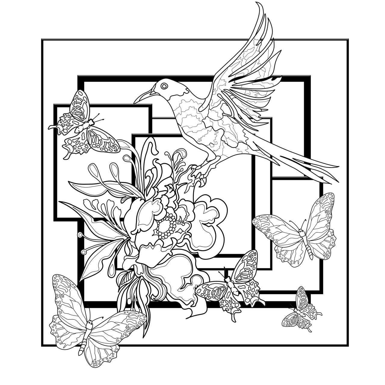 Bird, butterflies and flowers. Pretty coloring page with a bird, butterflies and a pretty flower, Artist : Morgan