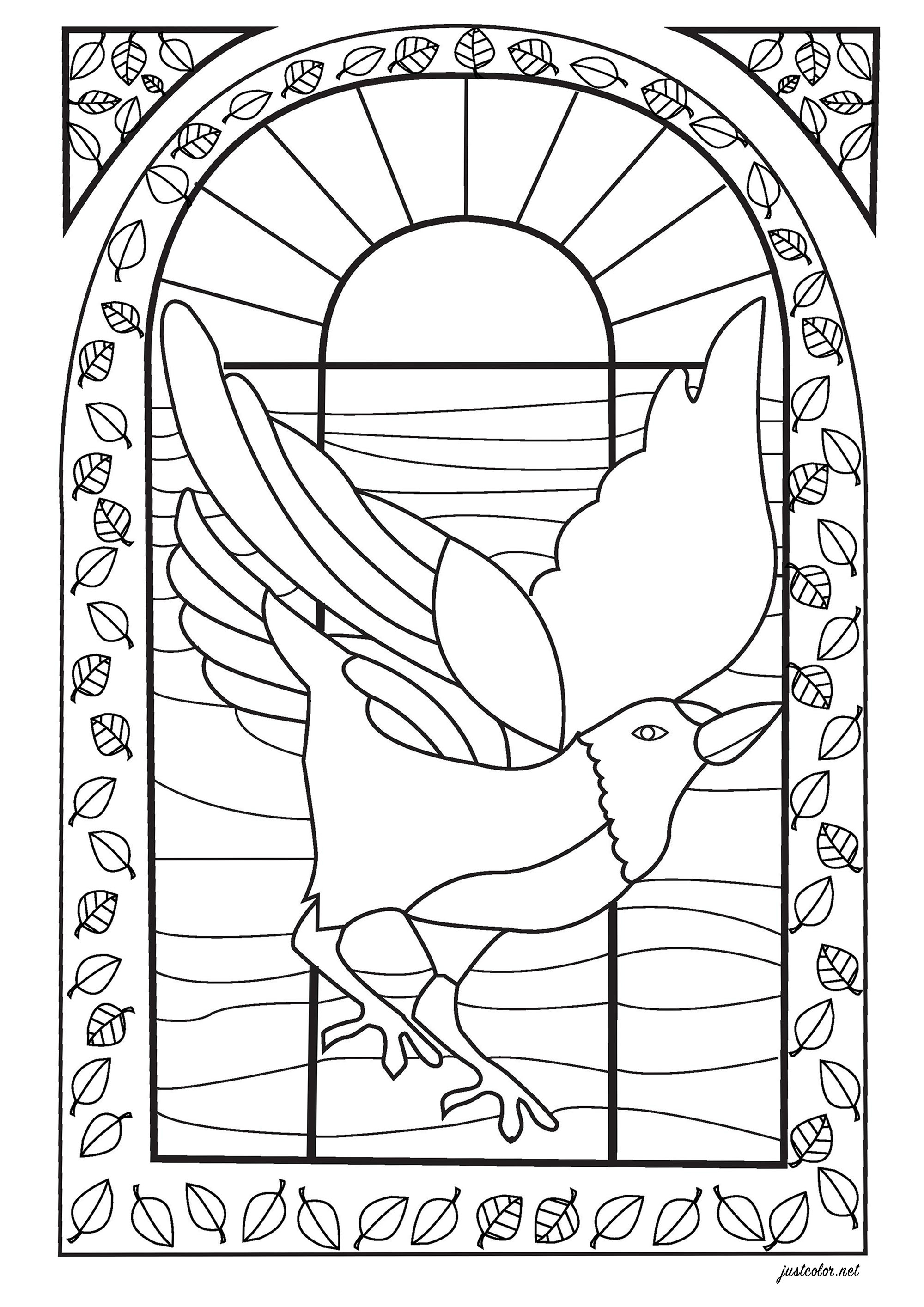 Drawing of a bird to color, drawn in the style of a stained glass window