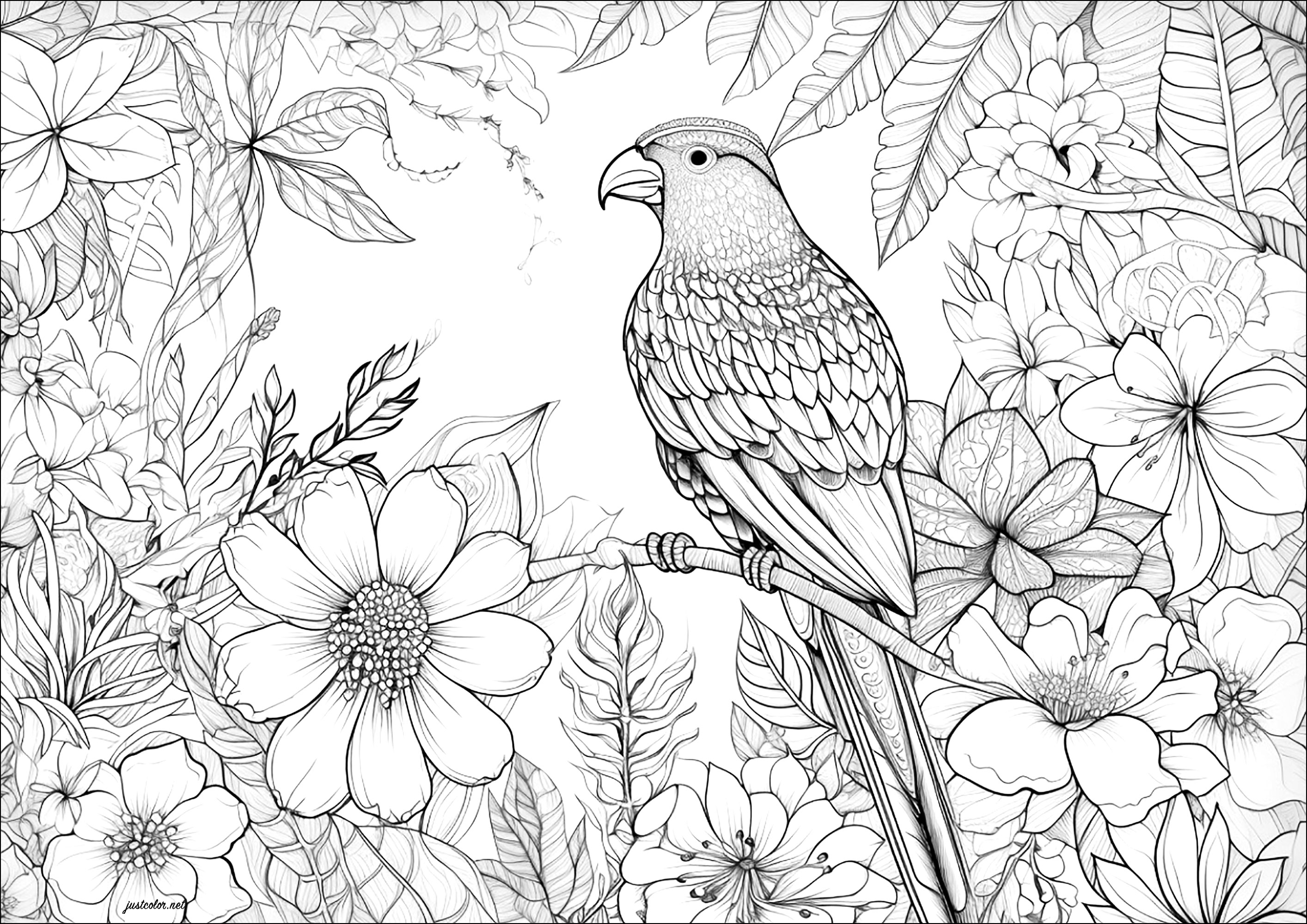 Complex coloring with a beautiful bird. Lots of flowers to color in the background