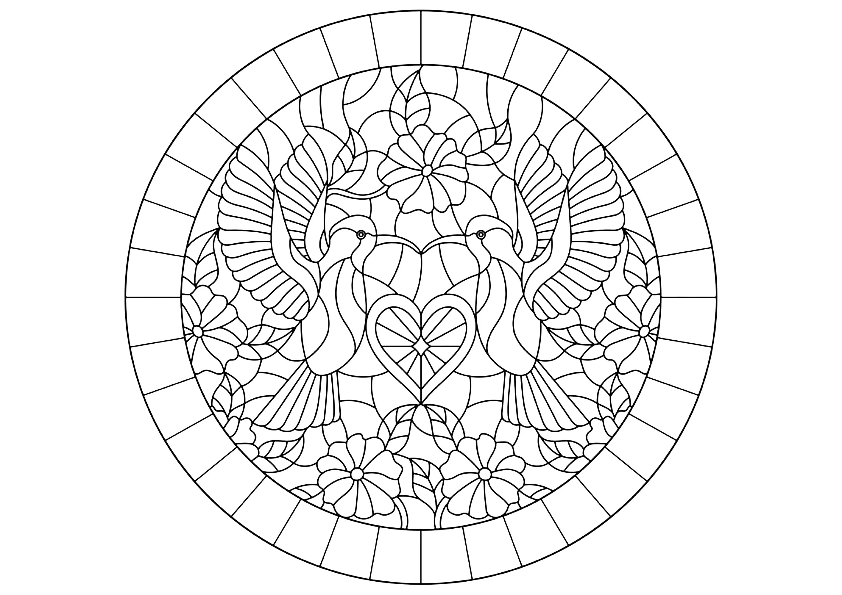 Two birds in a circle, stained glass style (Printable Coloring Page for adults)
