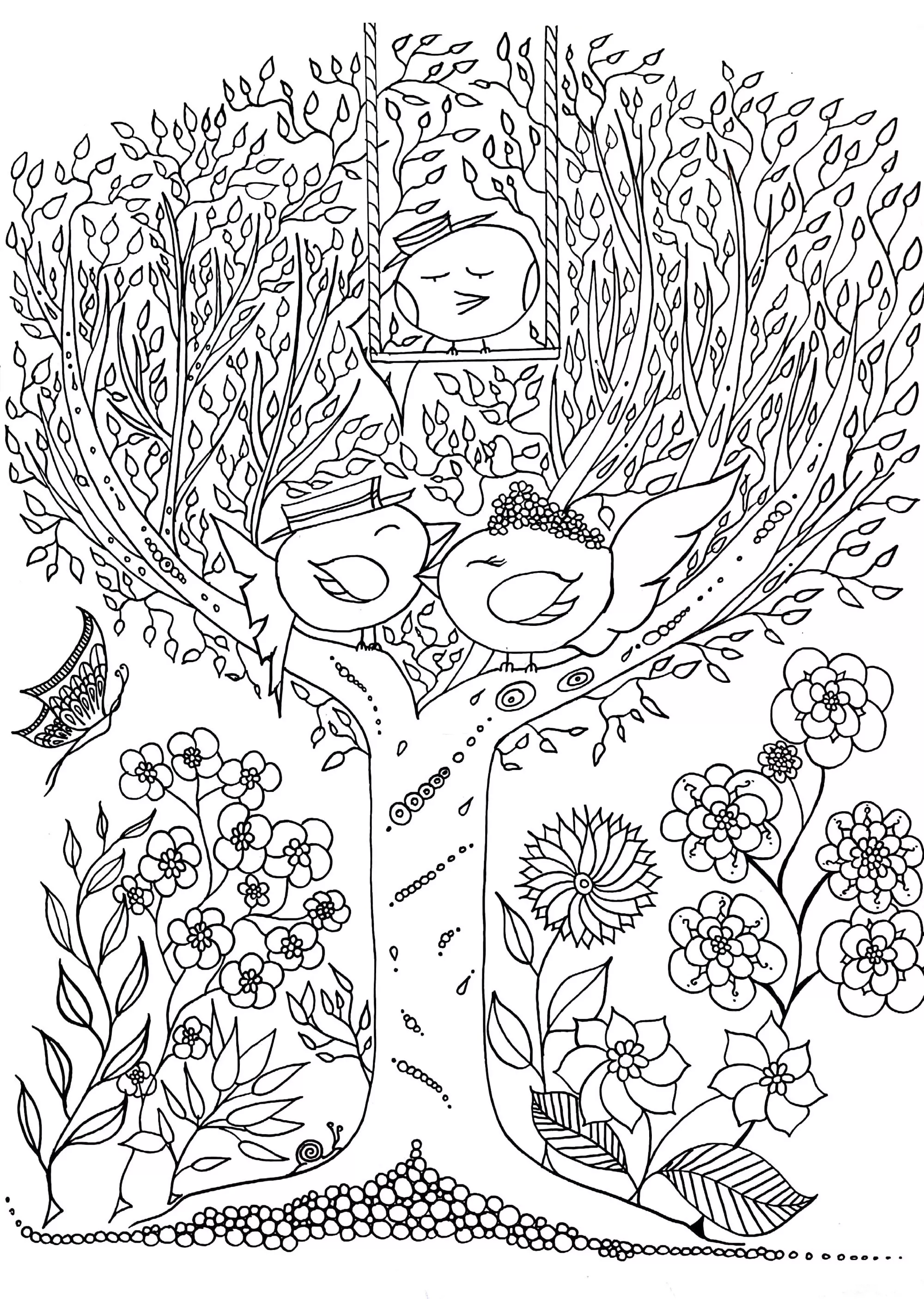 Tree and birds by Leen Margot (Printable Coloring Page for adults)