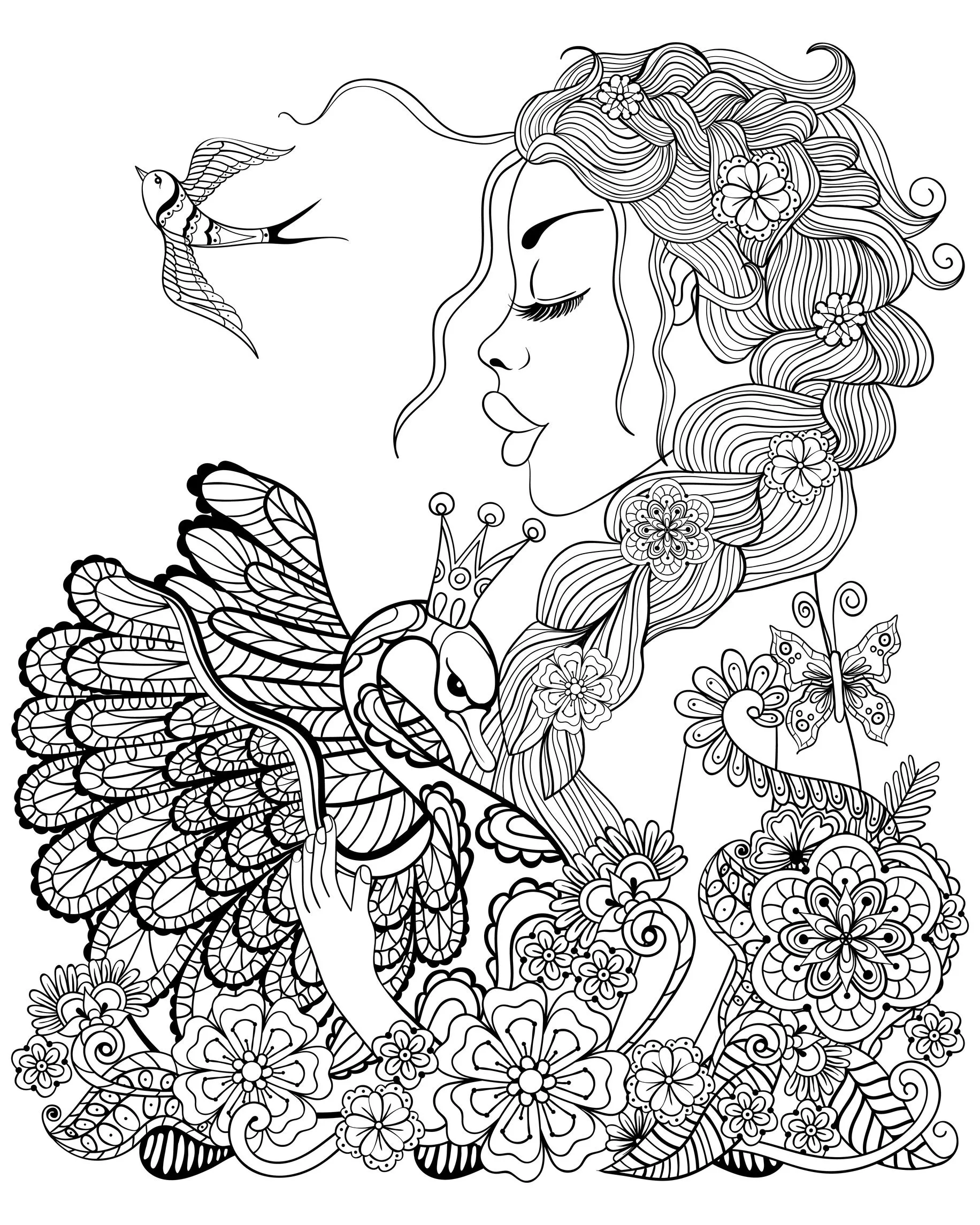 Forest fairy with swan (Printable Bird Coloring Page for adults)