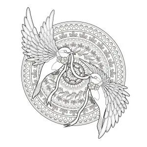 Two Golondrinas flying together, with a beautiful and complex mandala in background