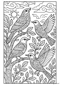 Three birds adorned on a branch