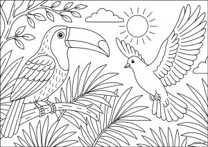 Toucan and dove in flight