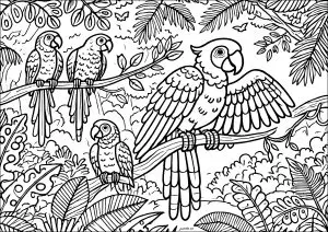 Parrots perched in the tropical jungle