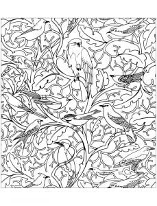 Coloring page inspired by a textile design (also used as wallpaper) : Pop Mob Scene by CFA Voysey (England, 1929) (Bird Coloring Page)