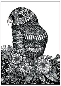 Ornamental parrot on stylized bouquet