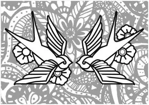 Swallows with background full of flowers