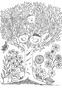 Tree and birds (Coloring Page)