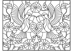 Two birds and a small heart in the center, stained glass style (Coloring Page)