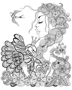coloring-woman-swan-and-bird