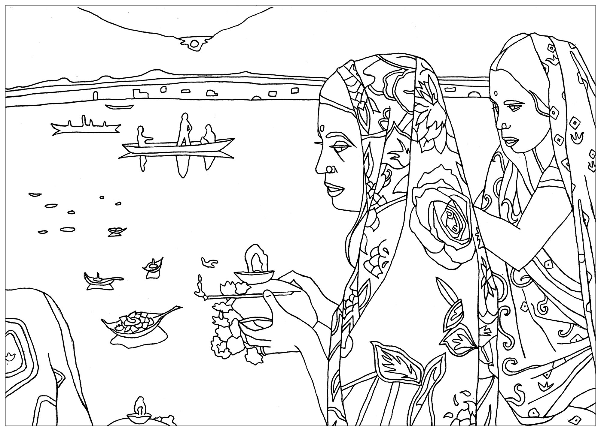 Coloring page inspired by the Puja : Hindu religious rite