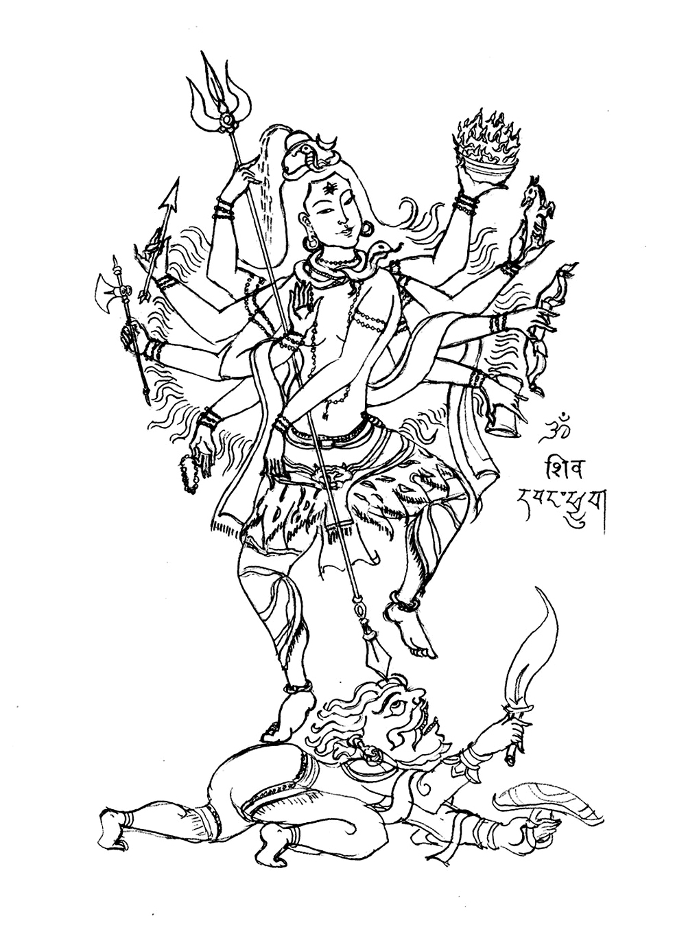 Coloring page of Shiva, the 8 arms' God, creator of the world in the Hindu culture