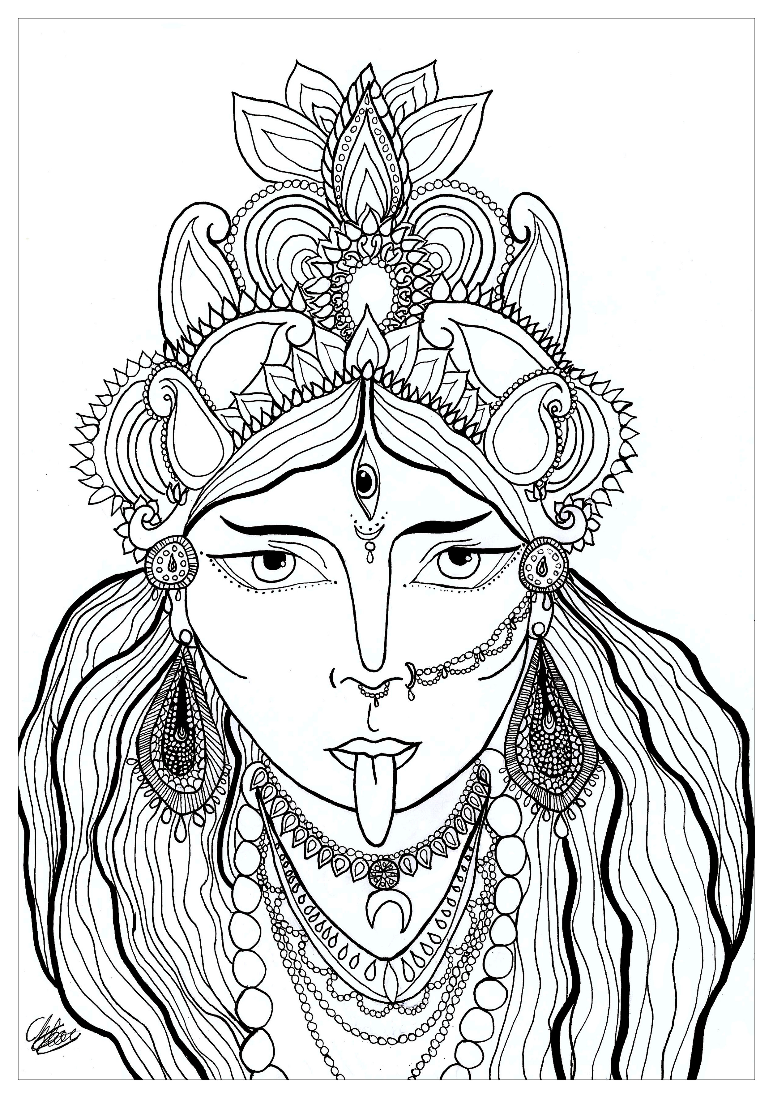 Coloring page of the goddess Kali who comes from the Hindu religion. She is the goddess of preservation, transformation and destruction. Kali is also called the black goddess.