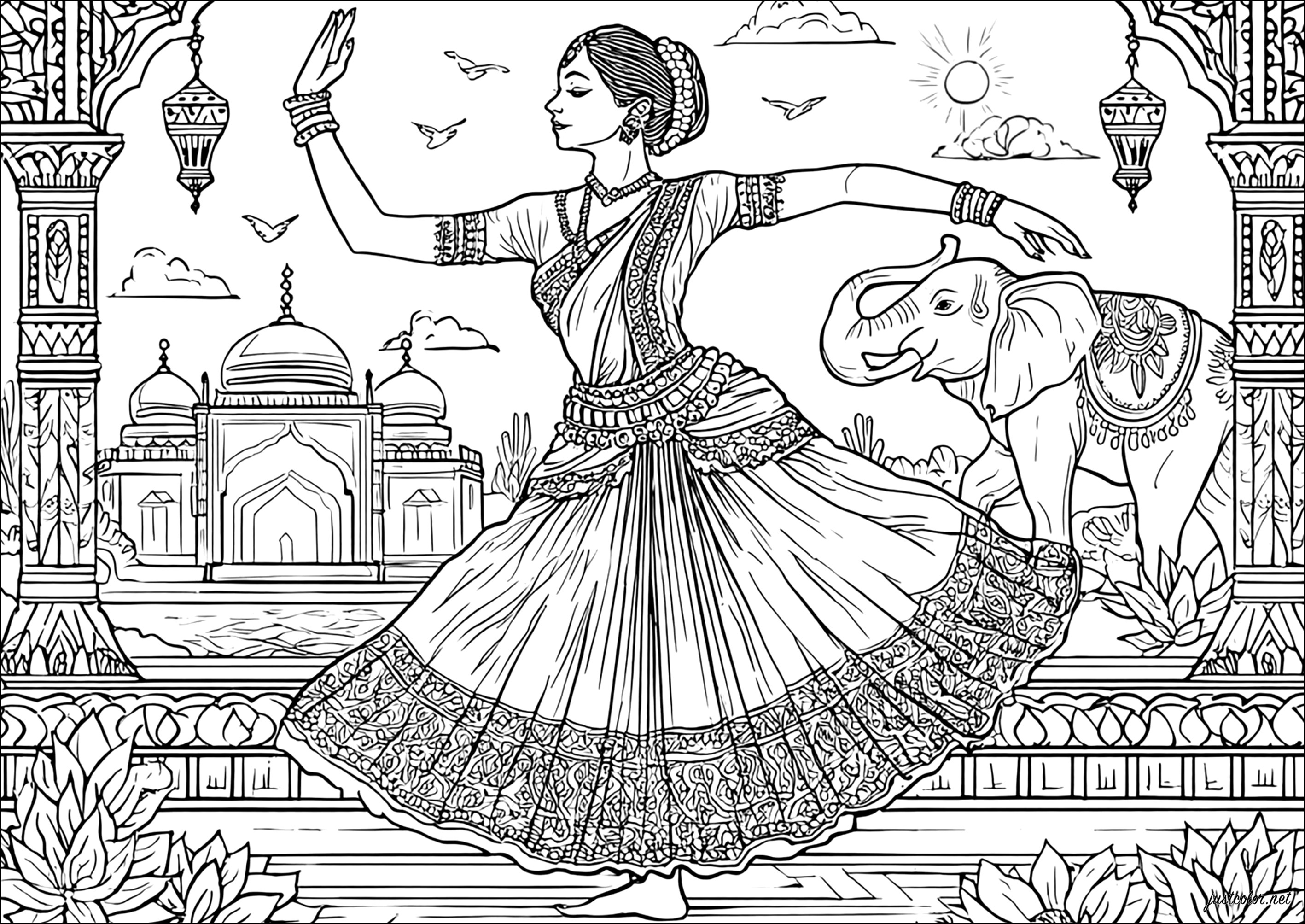 Graceful dancing in India (Printable India & Bollywood Coloring Page for adults)
