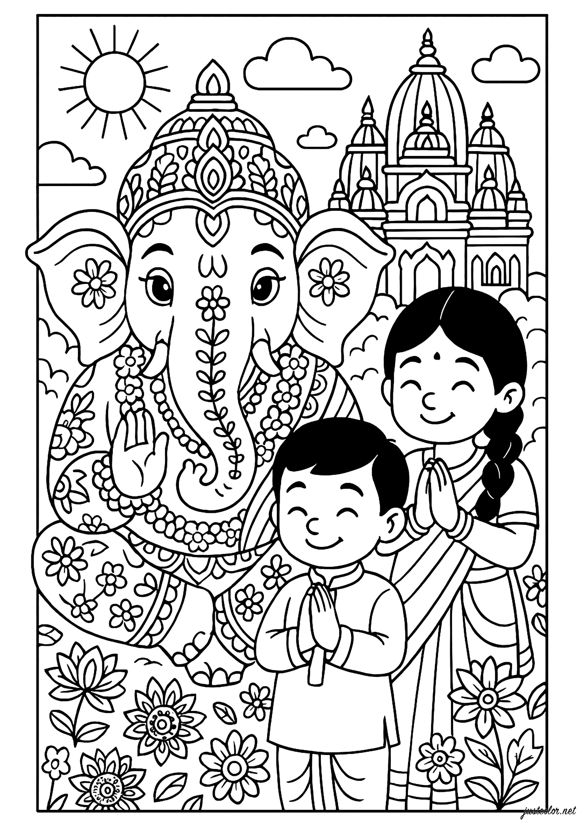 Ganesh, Indian temple and children at prayer (Printable India & Bollywood Coloring Page for adults)